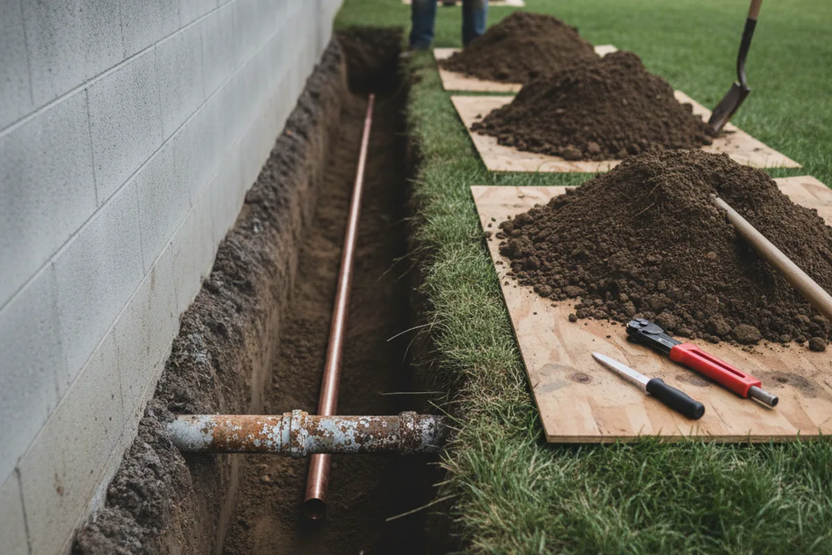 Excavated water line trench during Water Heater Repair in Flint